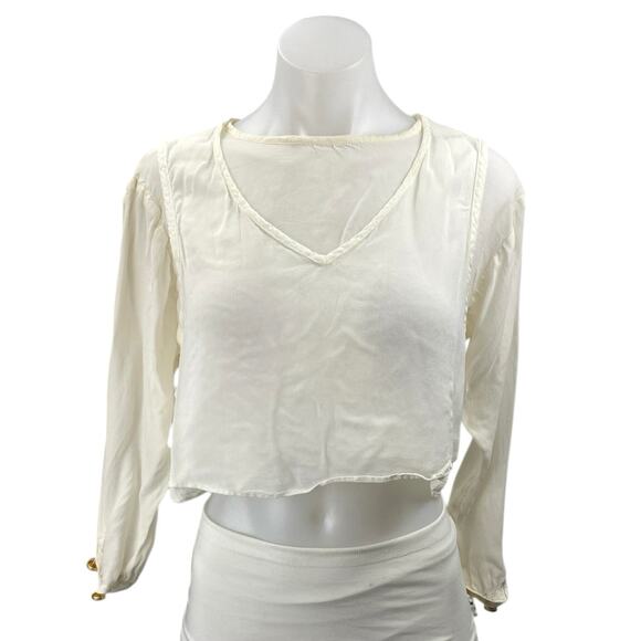Dorothy Schoelen Cream Long Sleeve Boxy V Neck Pullover Crop Blouse Top Size XXS - Picture 1 of 4